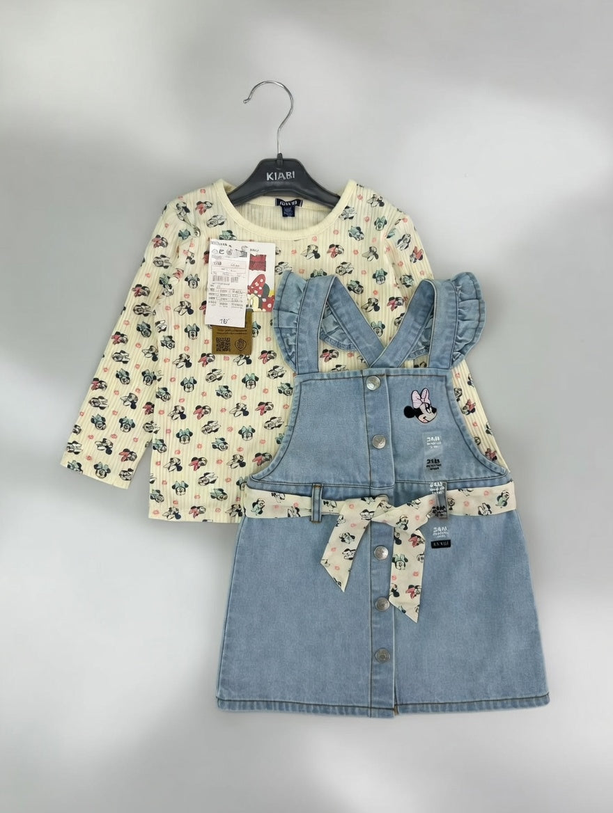 Conjunto EmpiBy de vestido denim con volantes y camiseta de manga larga con estampado de Minnie Mouse para niña