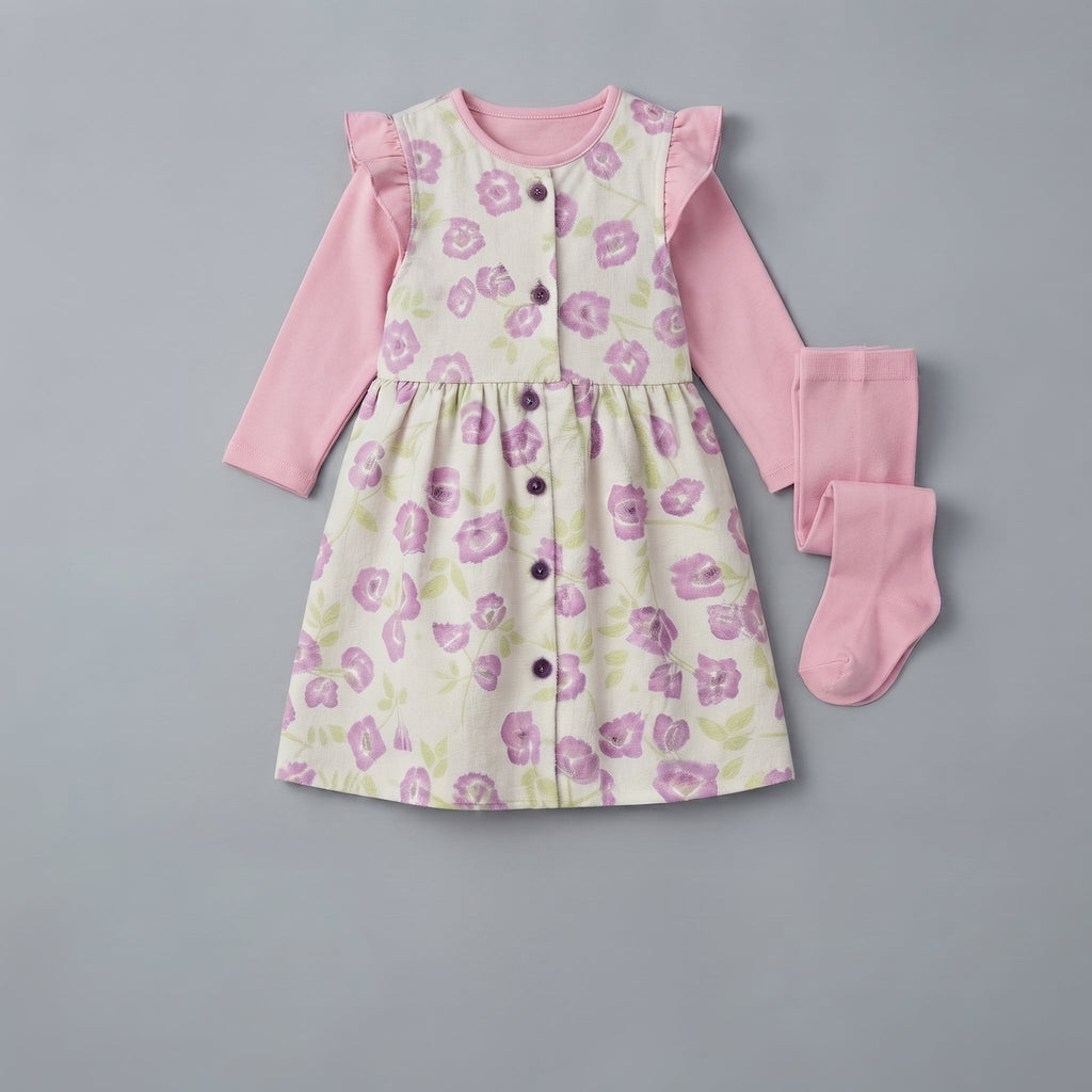 Conjunto EmpiBy de 3 piezas para bebé niña con vestido floral marfil, camiseta rosa de manga larga y medias a juego.
