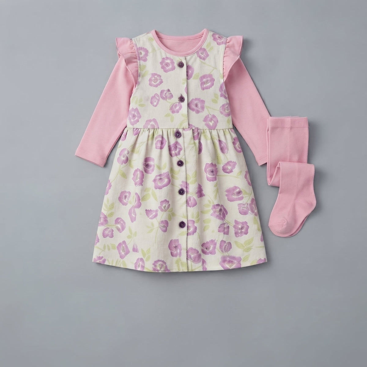 Conjunto EmpiBy de 3 piezas para bebé niña con vestido floral marfil, camiseta rosa de manga larga y medias a juego.