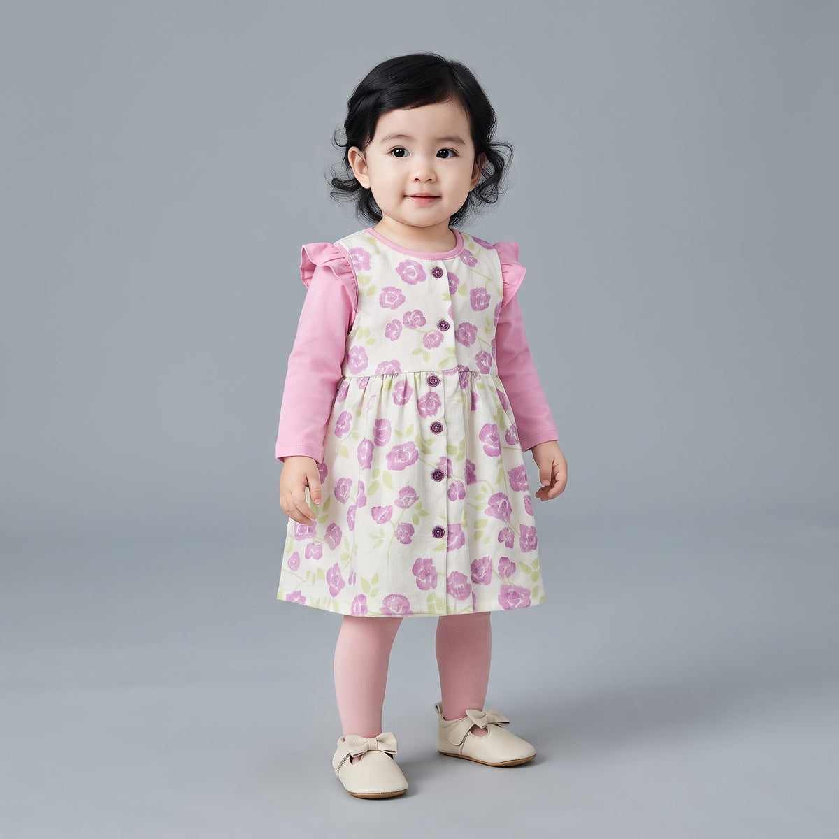 Niña pequeña con conjunto EmpiBy de vestido peto floral, camiseta rosa de manga larga, medias y zapatos a juego.
