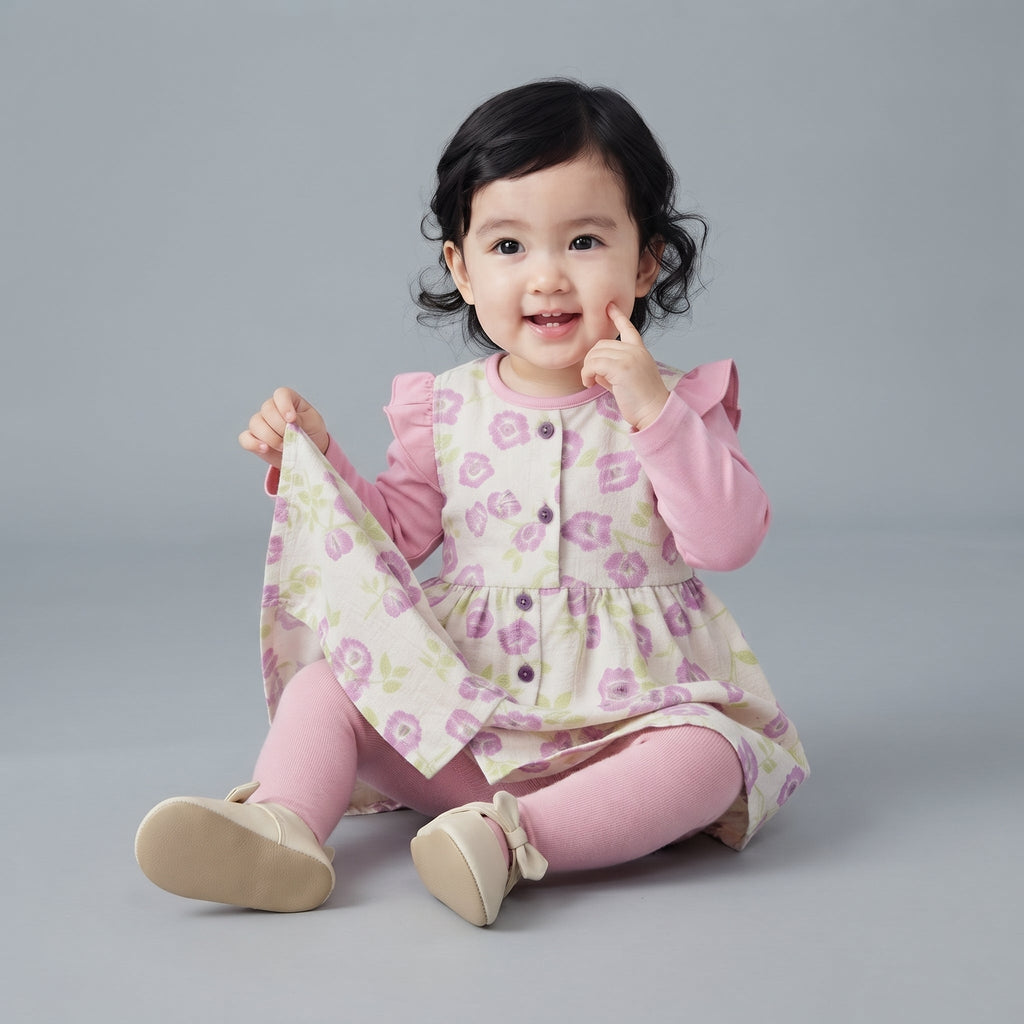 Bebé niña sonriente vistiendo conjunto EmpiBy de vestido floral marfil con camiseta rosa y medias a juego