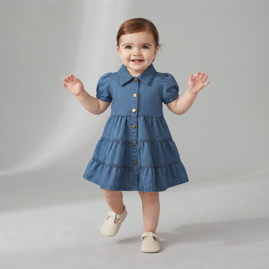 Bebé sonriente con vestido de mezclilla azul EmpiBy, mangas abullonadas, botones frontales y falda con volantes.