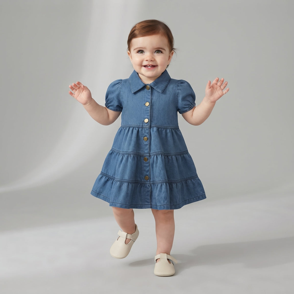 Bebé sonriente con vestido de mezclilla azul EmpiBy, mangas abullonadas, botones frontales y falda con volantes.