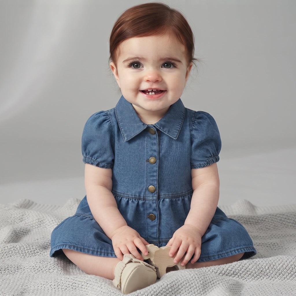 Bebé sonriente con vestido de mezclilla azul EmpiBy, mangas abullonadas, botones frontales y detalle de oveja.