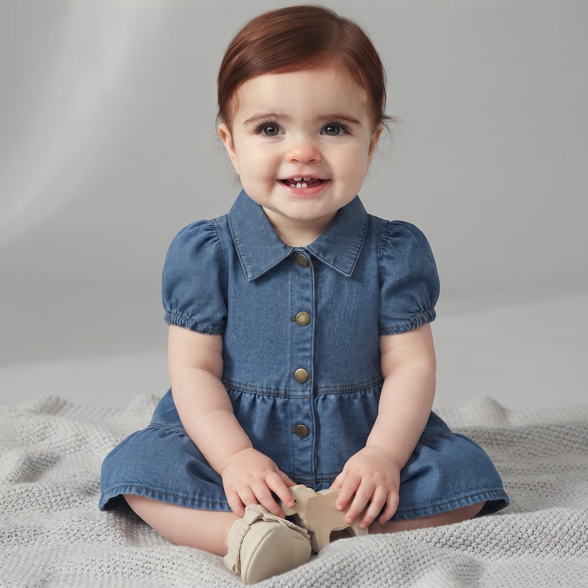 Bebé sonriente con vestido de mezclilla azul EmpiBy, mangas abullonadas, botones frontales y detalle de oveja.
