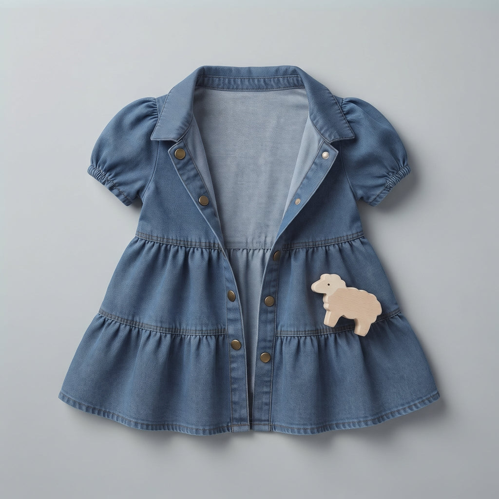 Vestido de mezclilla EmpiBy para niña en azul con mangas abullonadas, botones frontales y detalle de oveja de madera.