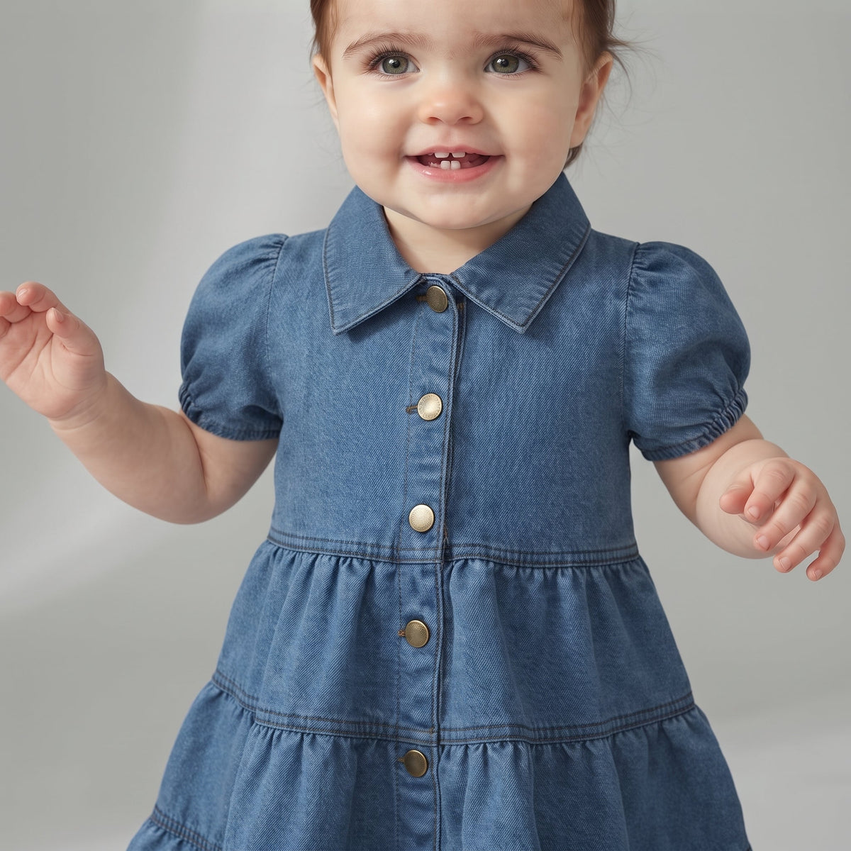Bebé sonriente con vestido de mezclilla azul EmpiBy, mangas abullonadas, botones metálicos y detalle de oveja.