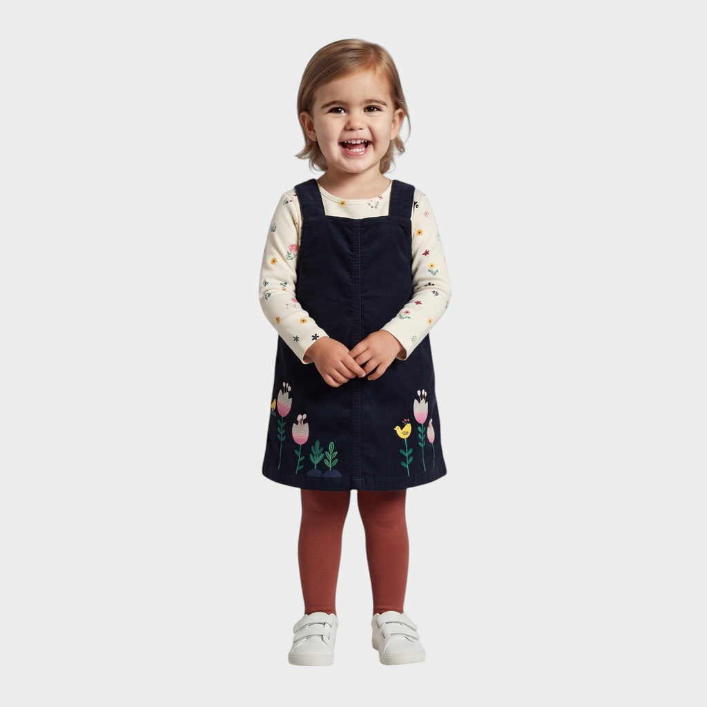 Niña sonriente con conjunto EmpiBy de vestido pichi azul marino de pana con bordado floral y camiseta de flores crema