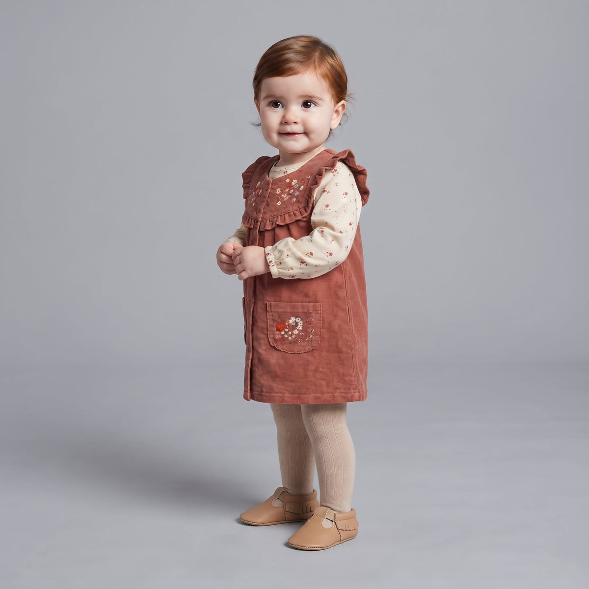 Bebé niña con conjunto EmpiBy de vestido peto de pana terracota y camisa floral beige sobre fondo gris