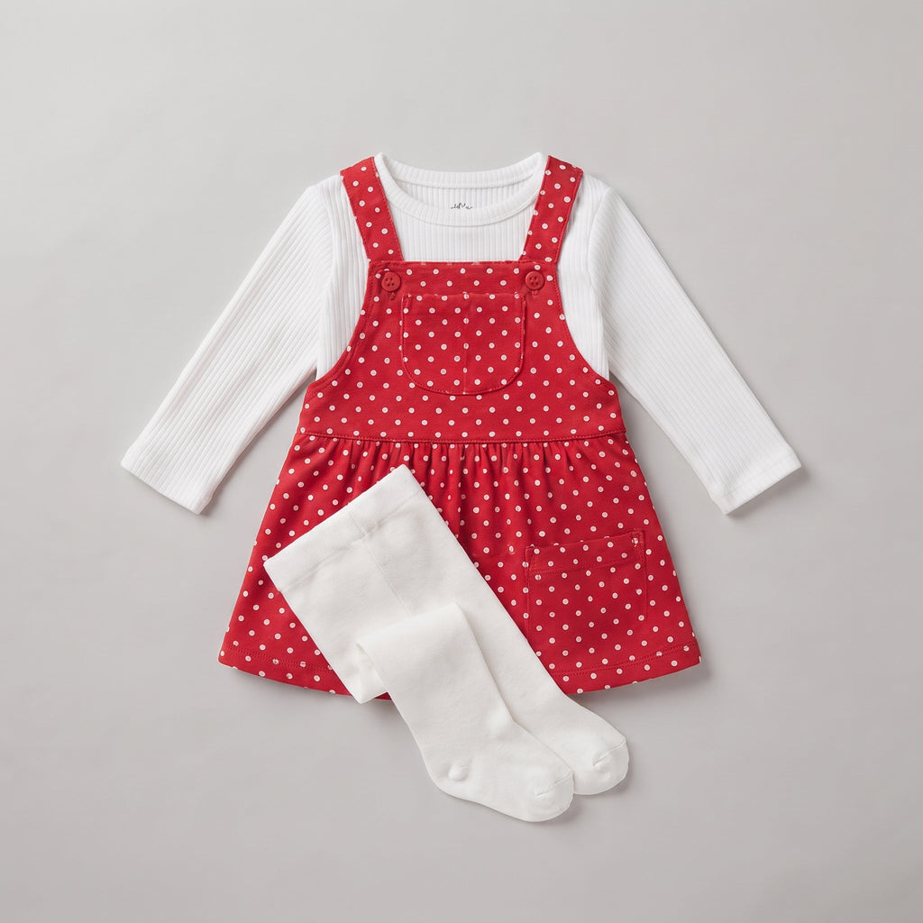 Conjunto EmpiBy de 3 piezas para bebé niña con vestido peto rojo de lunares, camiseta blanca y medias a juego