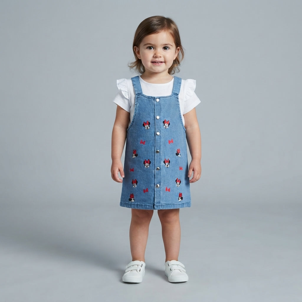 Niña pequeña vistiendo conjunto EmpiBy de vestido peto vaquero con estampado de Minnie Mouse y camiseta blanca