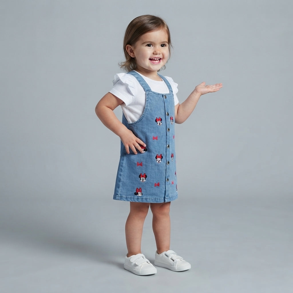 Niña sonriente vistiendo conjunto EmpiBy de vestido peto vaquero con estampado de Minnie Mouse y camiseta blanca
