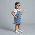 Niña sonriente vistiendo conjunto EmpiBy de vestido peto vaquero con estampado de Minnie Mouse y camiseta blanca