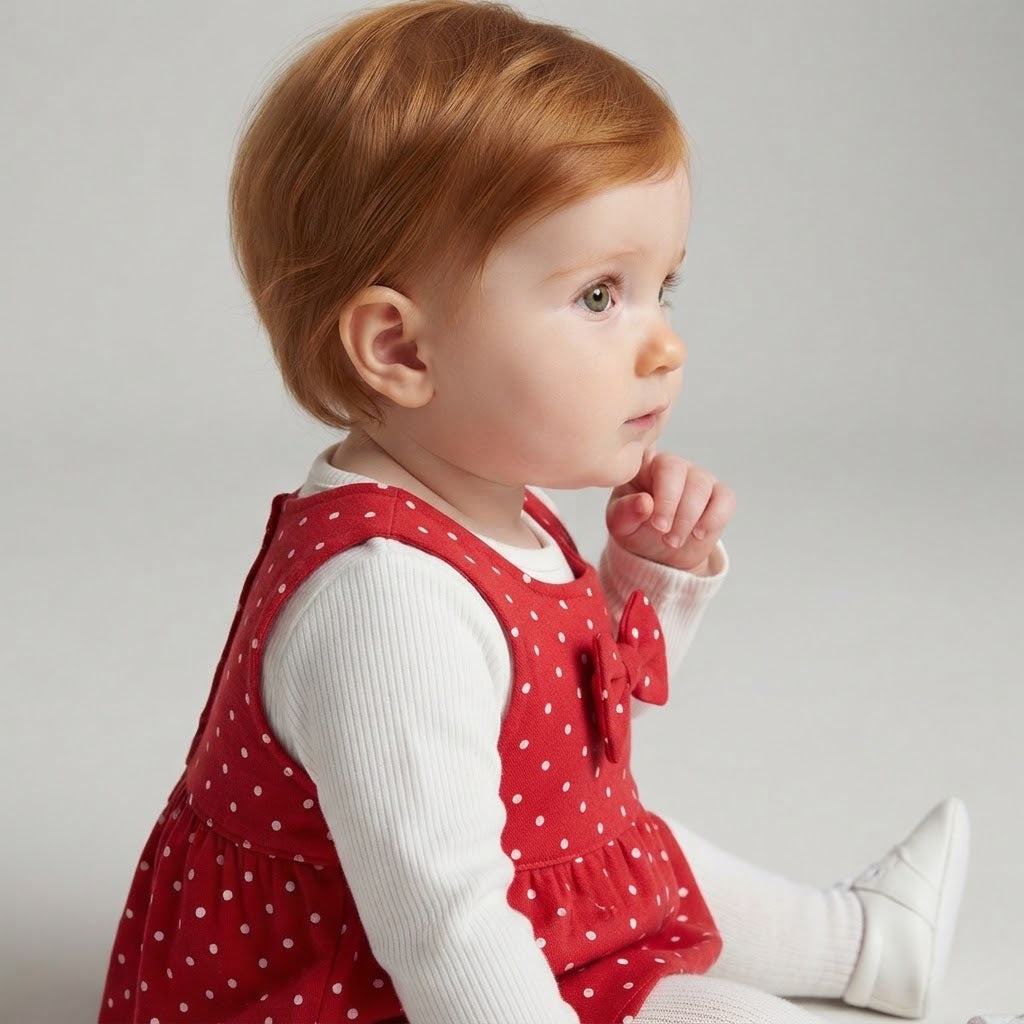 Bebé niña EmpiBy vistiendo conjunto rojo de lunares con vestido tipo peto, camiseta blanca y lazo decorativo