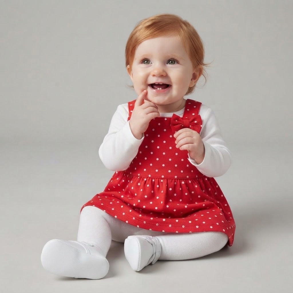 Bebé niña sonriente con conjunto EmpiBy de vestido rojo de lunares, camiseta blanca de manga larga y medias blancas.