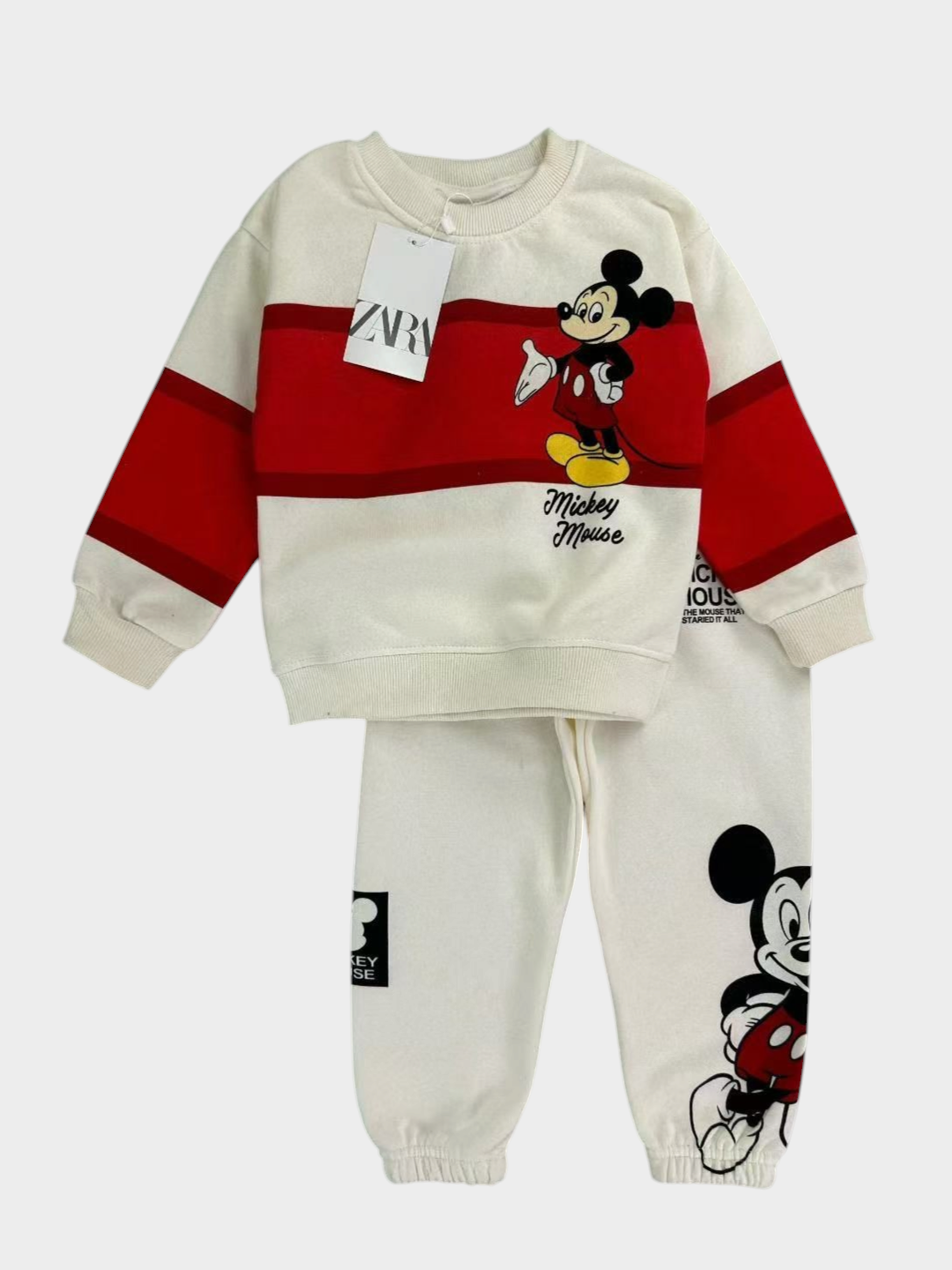 Conjunto EmpiBy de sudadera y jogger crema y rojo con estampado de Mickey Mouse en algodón perchado suave