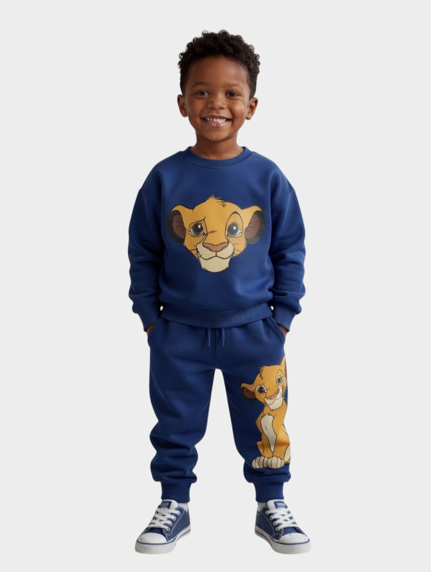 Niño sonriente vistiendo conjunto EmpiBy azul eléctrico de algodón perchado con estampado de Simba de Disney
